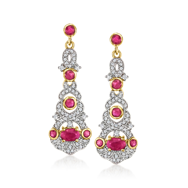 Gold drop chandelier earrings with ruby-red round stones and clear zircon halo accents