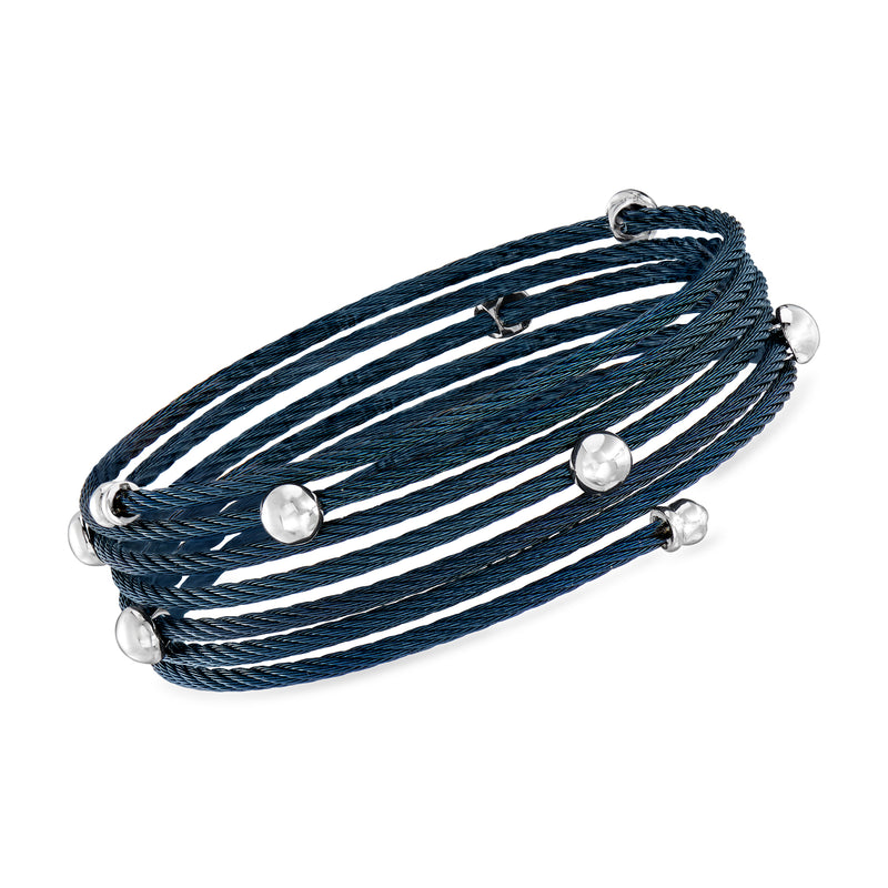 ALOR stainless steel coil bracelet with navy and white striped coils and silver beads