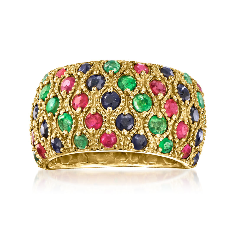 Gold multi-gemstone dome ring with green, pink, and blue stones in ornate setting