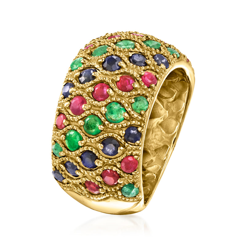 Gold multi-gemstone ring, side view with green, pink, and navy blue stones in filigree