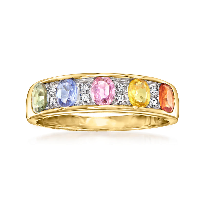 14kt yellow gold ring with multicolored sapphires and white diamond accents across top