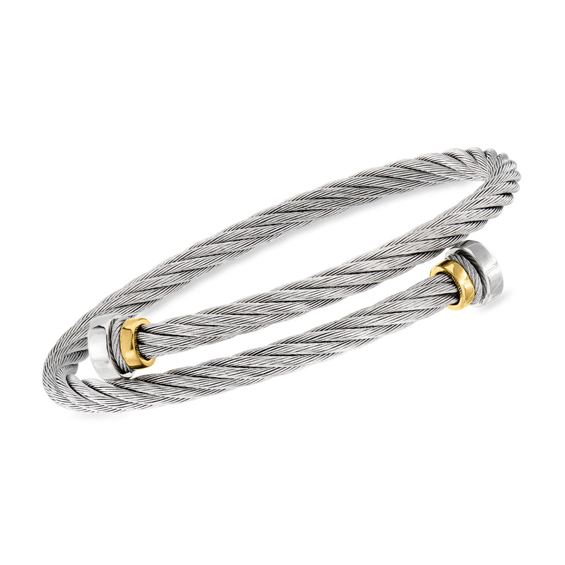 ALOR men's gray stainless steel cable bypass bracelet, gold accent