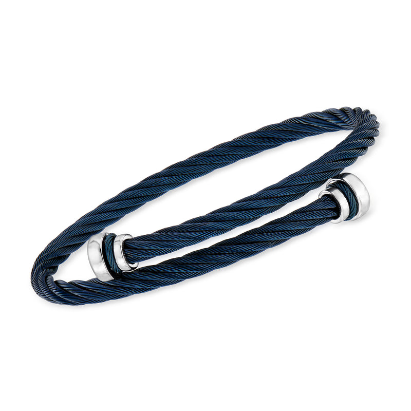 Men's blue cable nail head bypass bracelet with stainless steel clasp and rings