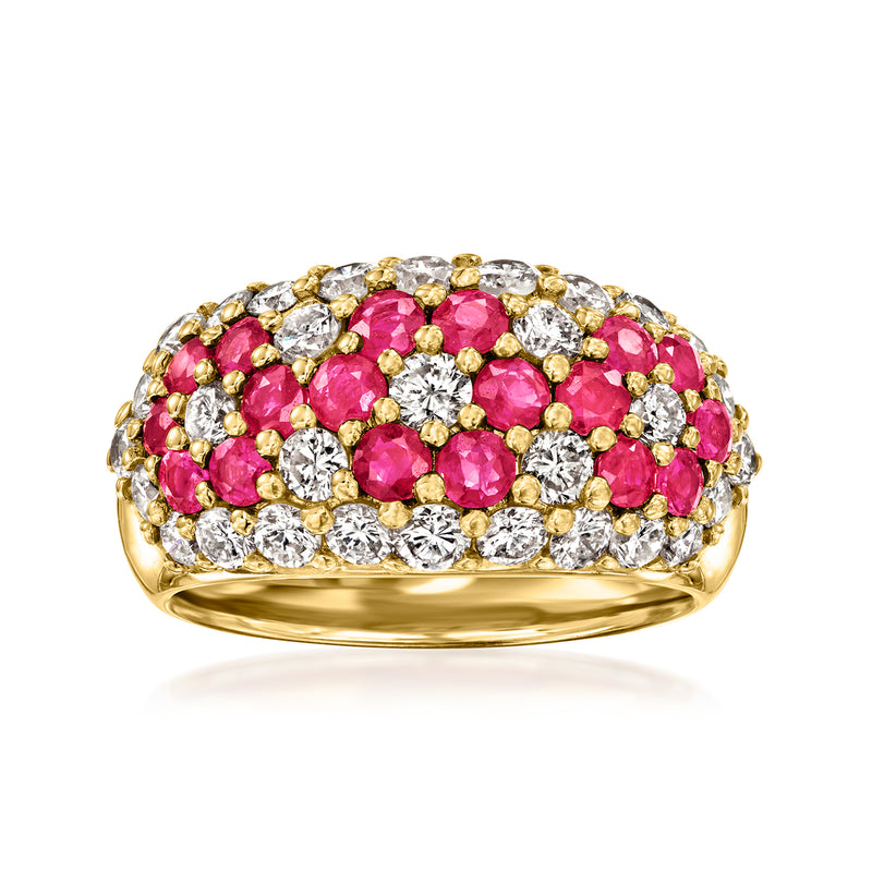 18kt yellow gold dome ring with ruby and diamond floral pattern