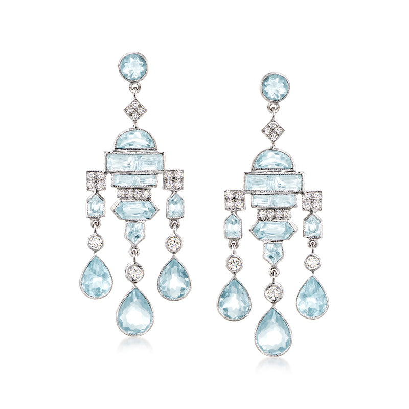 Aquamarine and diamond chandelier earrings, teardrop drops with 18k white-gold posts