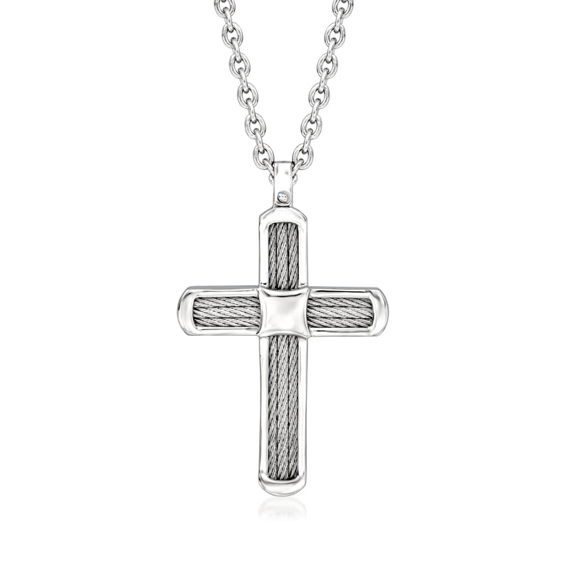 Men's stainless steel cable cross necklace, textured cross pendant