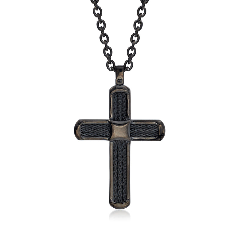 ALOR men's black stainless steel cross necklace with cable-texture pendant on chain