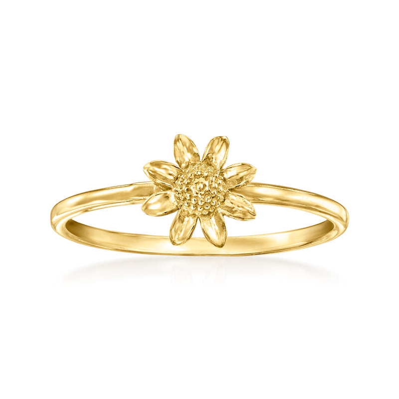 14kt yellow gold sunflower ring with raised flower center and detailed petals