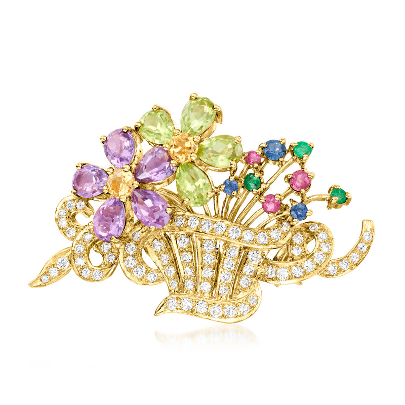 Vintage flower basket pin in 18kt yellow gold with multi gemstones and diamond accents