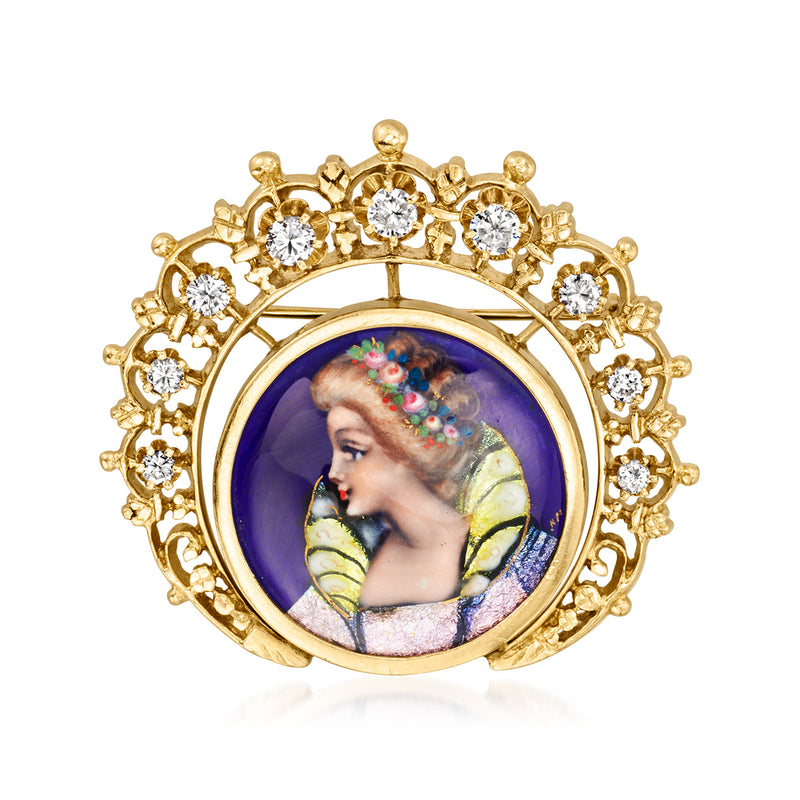 Vintage 14kt yellow gold portrait pin with round enamel painting and diamond accents