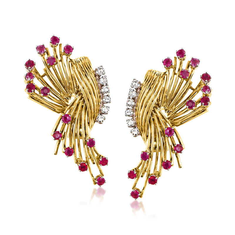 Vintage 18k yellow gold clip-on earrings with ruby drops and diamond accents