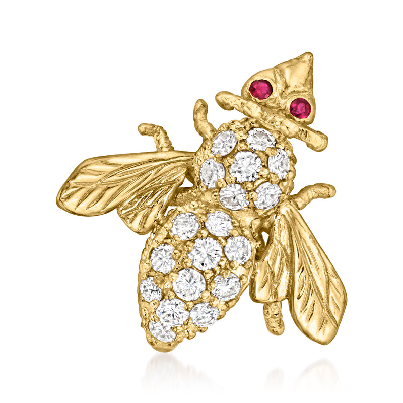 Vintage gold bee pin with diamond cluster body and ruby eyes