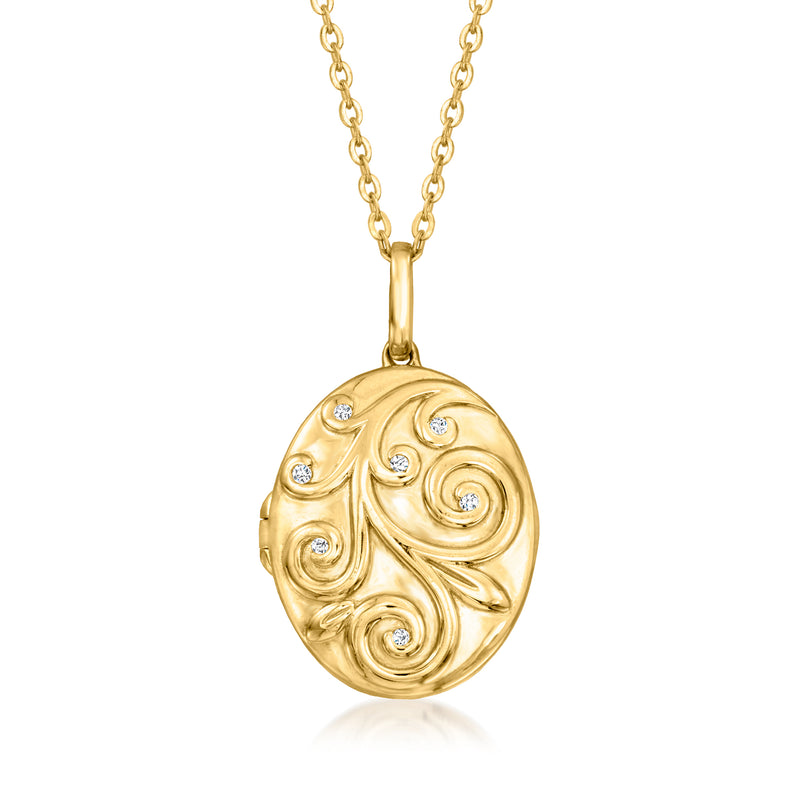 Gold locket necklace with round swirl engraving and small diamond accents