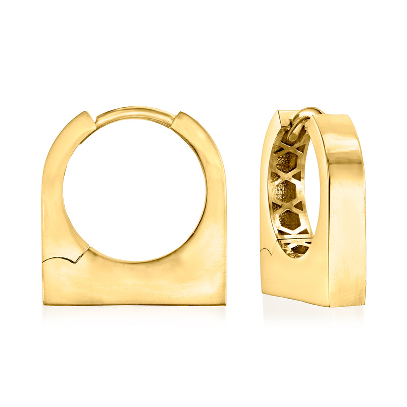 14kt yellow gold bar hoop earrings with geometric cutout detail