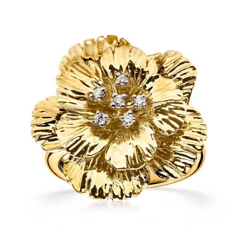 Gold flower ring with raised scalloped petals and five clear diamond-like stones