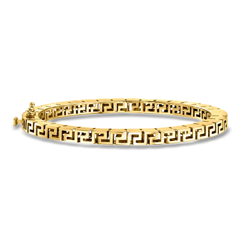Yellow gold bangle bracelet with Greek key pattern and small hinged clasp