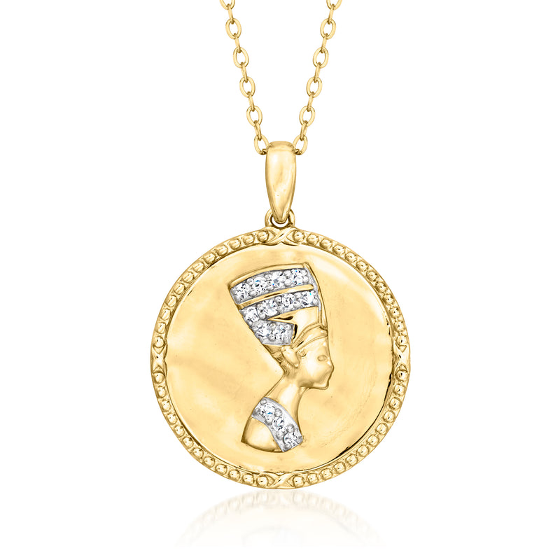 Gold-tone diamond Nefertiti coin pendant necklace with oval profile and small stones