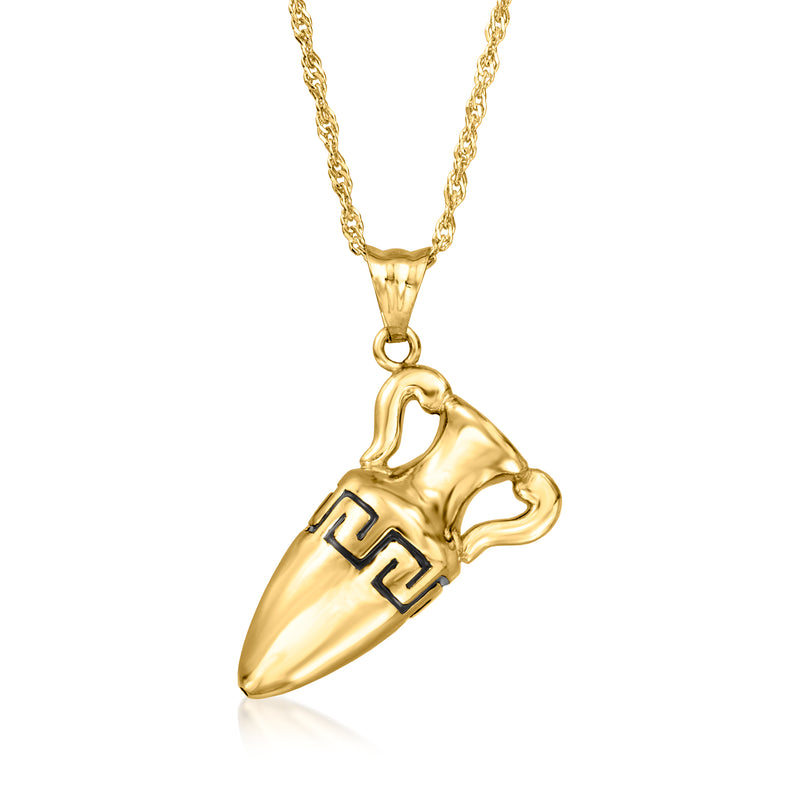 Gold amphora pendant necklace with black enamel accents and linked chain