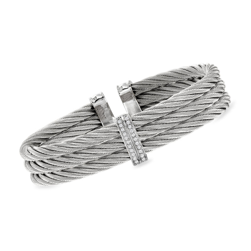 Gray stainless steel cable cuff bracelet with bezel-set diamonds in white gold center