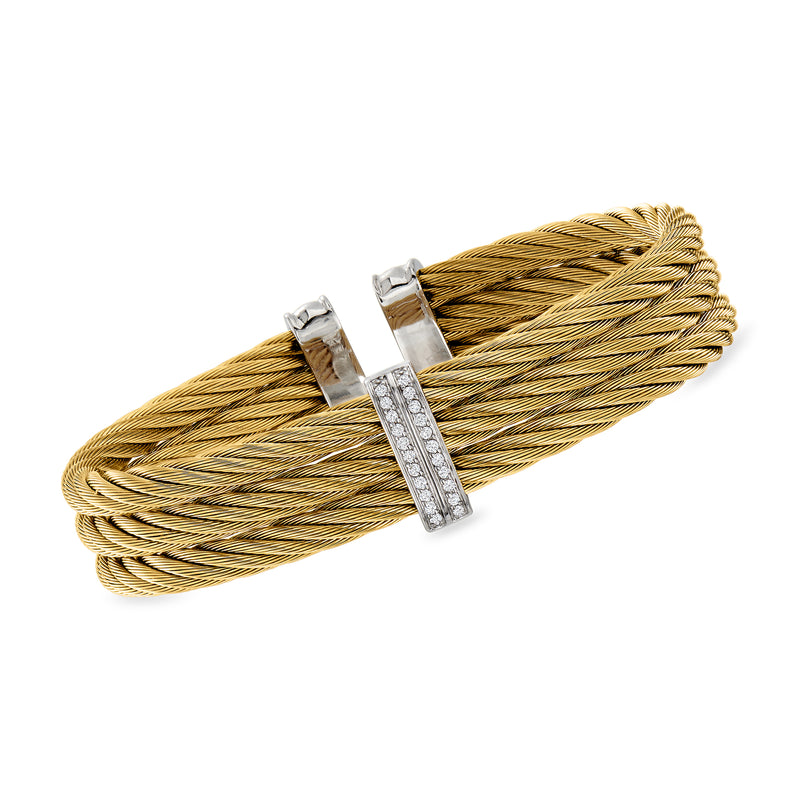 Yellow stainless steel cable cuff bracelet with diamond bar clasp