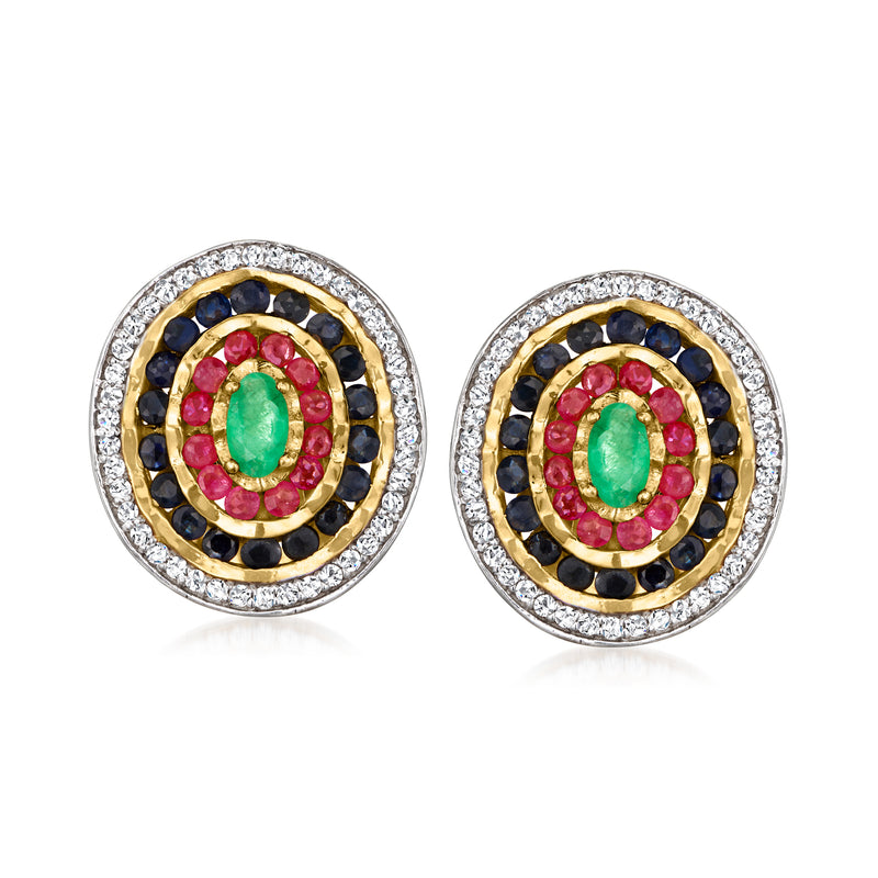 Round multi-gem cluster stud earrings with green center, pink and blue stones, halo in gold