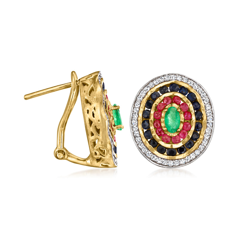 Gold-tone hoop-style clip/post earrings with circular multi-gem cluster, green and red stones