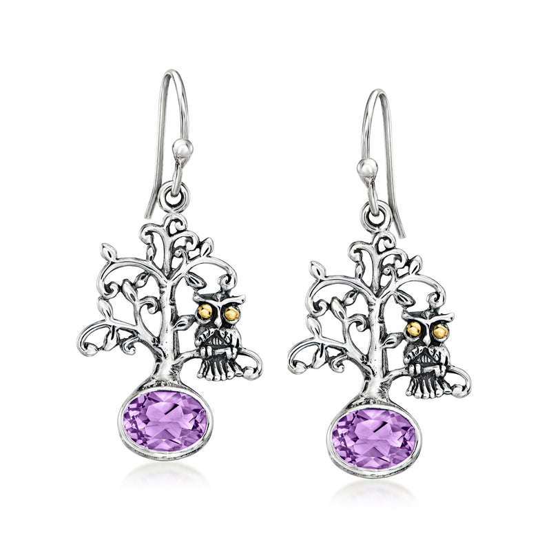 Sterling silver amethyst owl on tree drop earrings with yellow gold accents