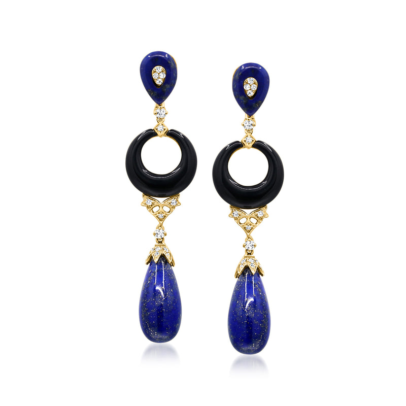 Blue lapis and black onyx drop earrings with diamond accents in 14kt yellow gold