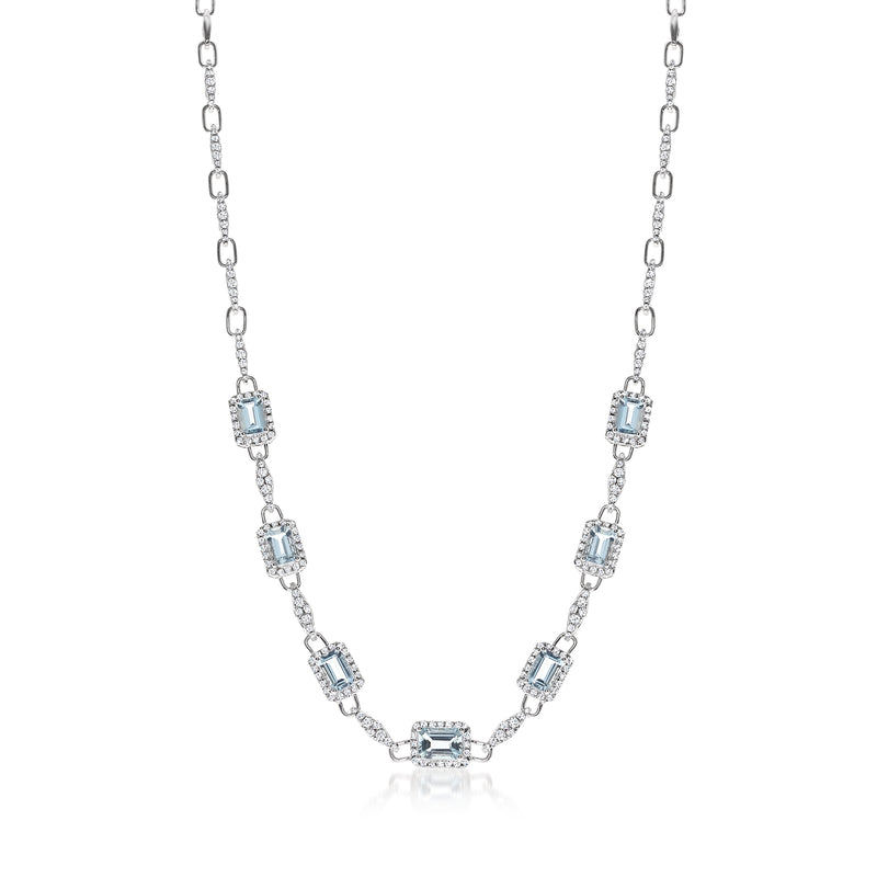 White gold aquamarine and diamond station necklace with rectangular blue stones