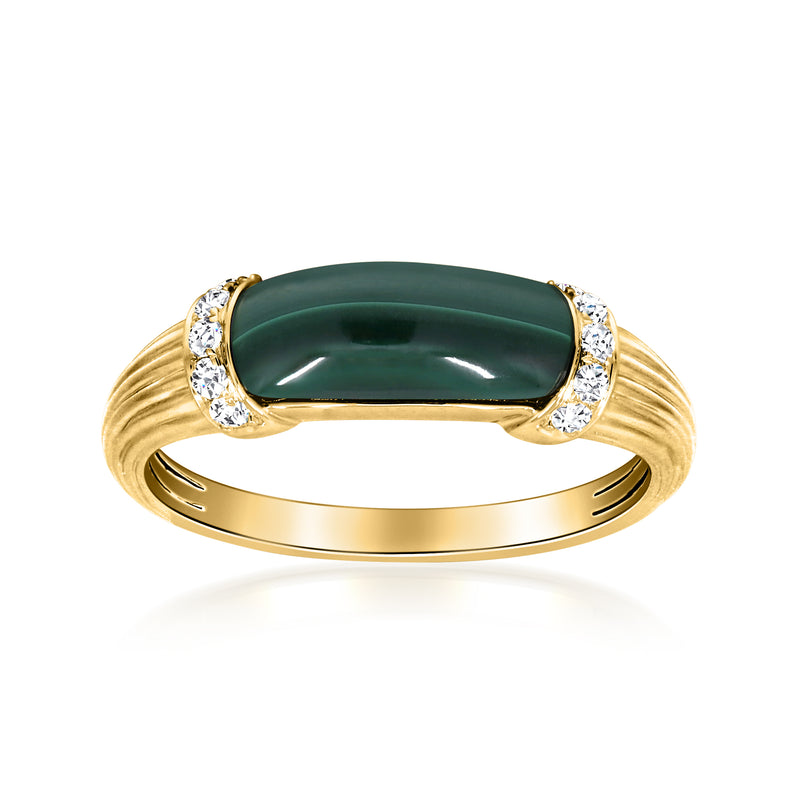 14kt yellow gold ring with oval malachite cabochon and diamond side accents