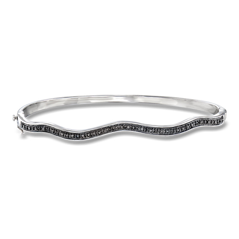 Sterling silver wavy bangle bracelet with black diamonds