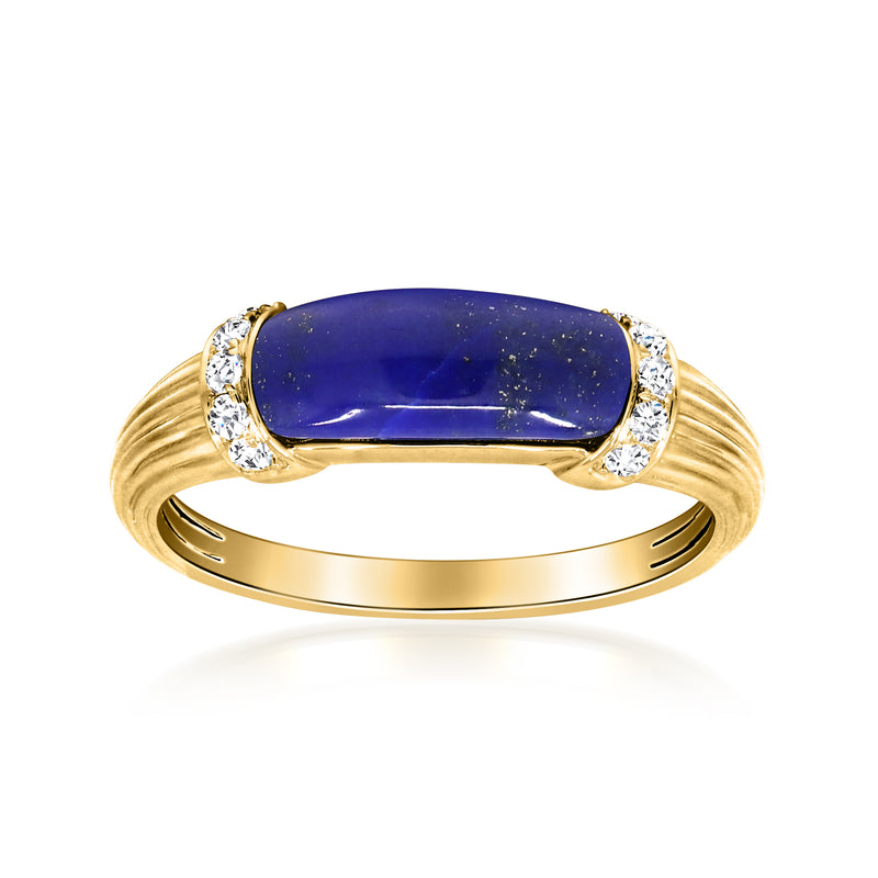 14kt yellow gold ring with oval lapis center and two diamond accents on the shoulders