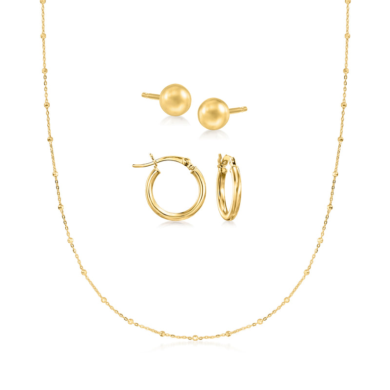 14kt yellow gold jewelry set with station necklace and two pairs of earrings