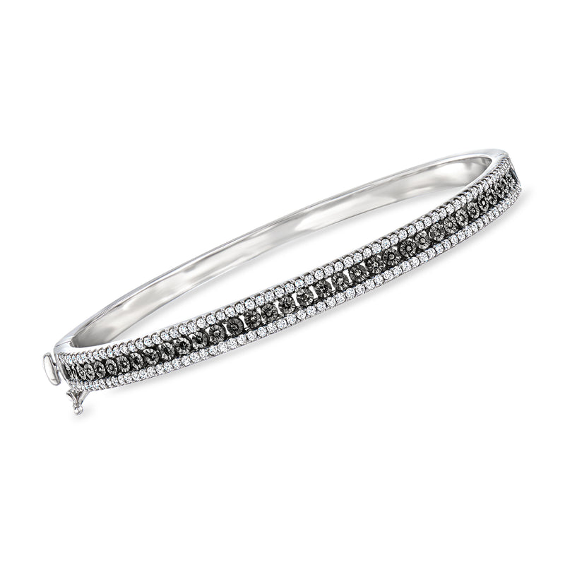 Sterling silver bangle bracelet with white and black diamonds