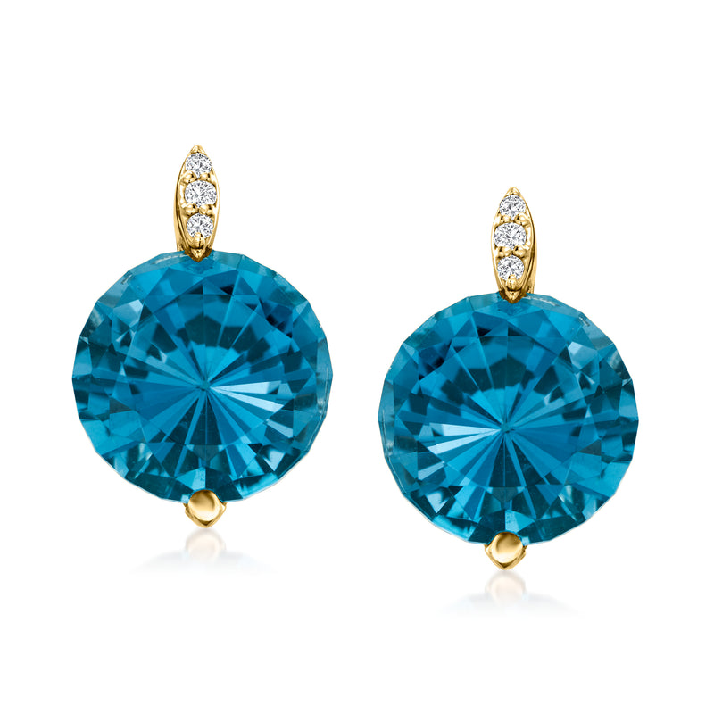 Gold drop earrings with round faceted blue topaz and diamond halo settings