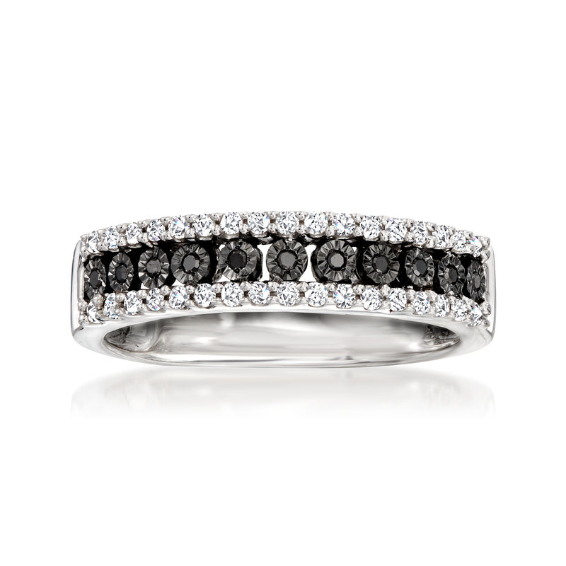 Sterling silver three-row diamond band with white and black round stones