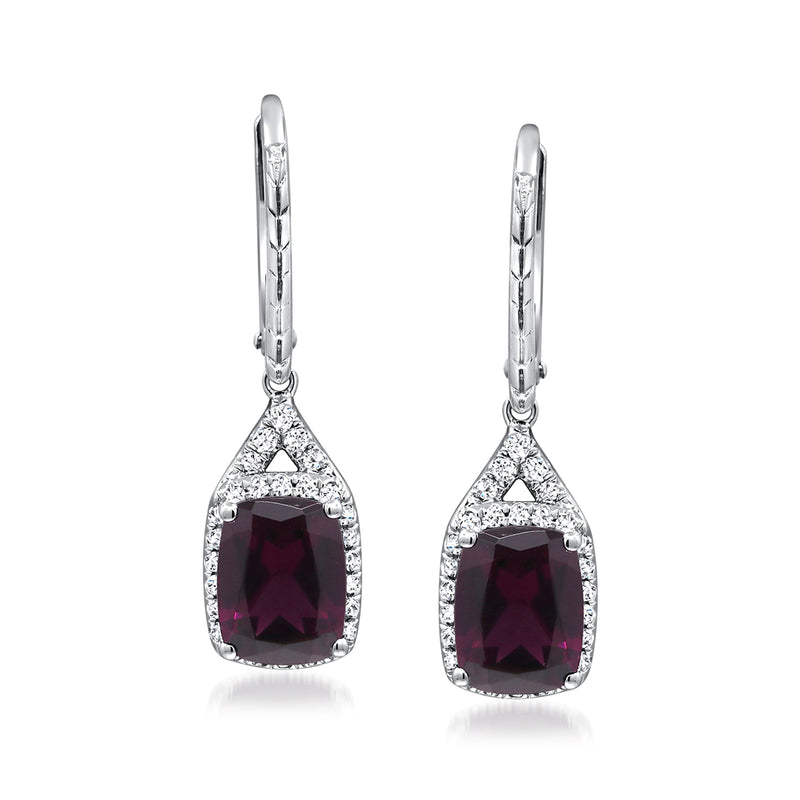 14kt white gold leverback drop earrings with maroon rhodolite garnet and diamond accents