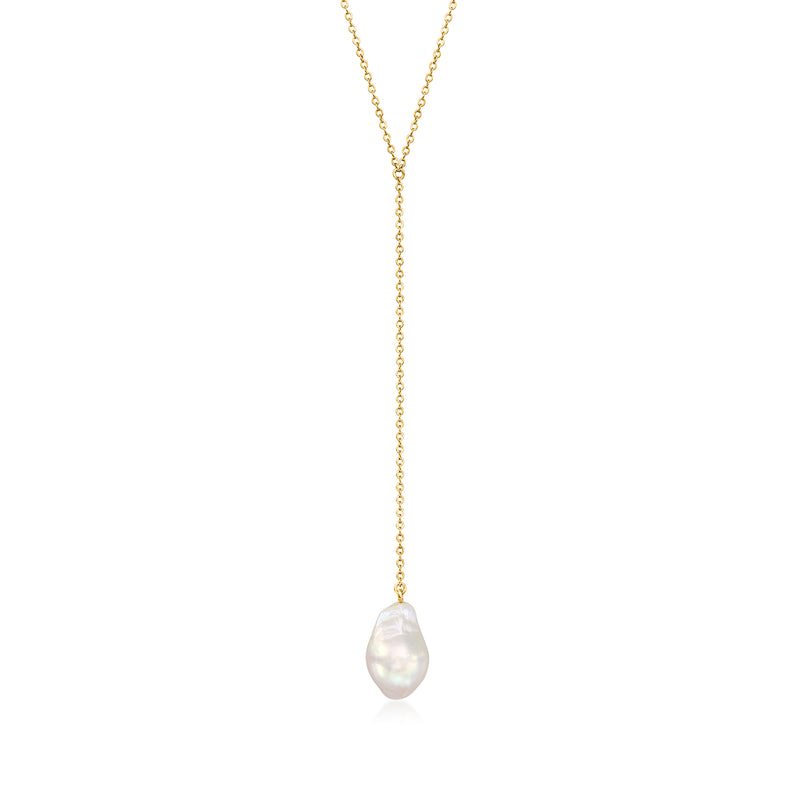14kt yellow gold Y-necklace with baroque pearl pendant on long chain
