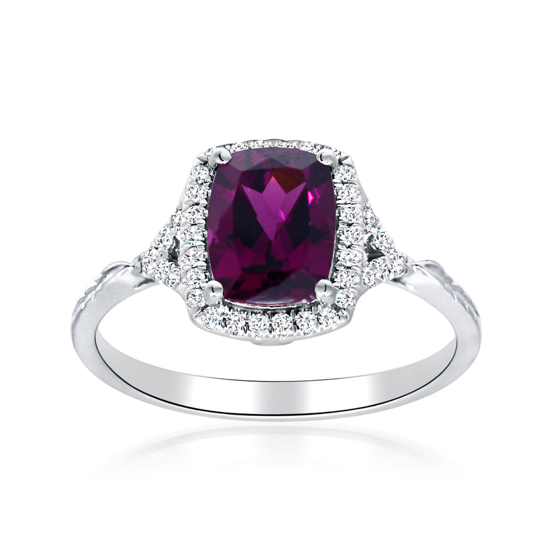 14kt white gold ring with cushion-cut rhodolite garnet and diamond halo and shoulders.