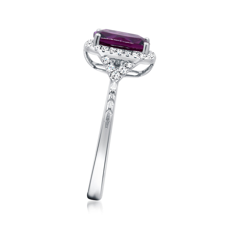 14kt white gold ring with cushion-cut rhodolite garnet and diamond split-prong shank.