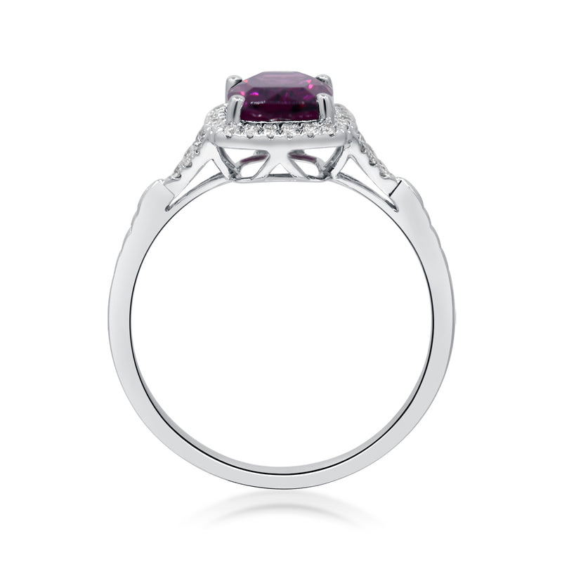 14kt white gold ring with cushion-cut rhodolite garnet and diamond halo setting.