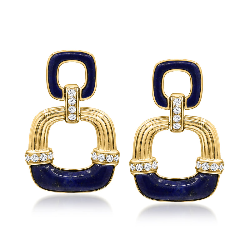 14kt yellow gold lapis diamond square drop earrings with blue stones