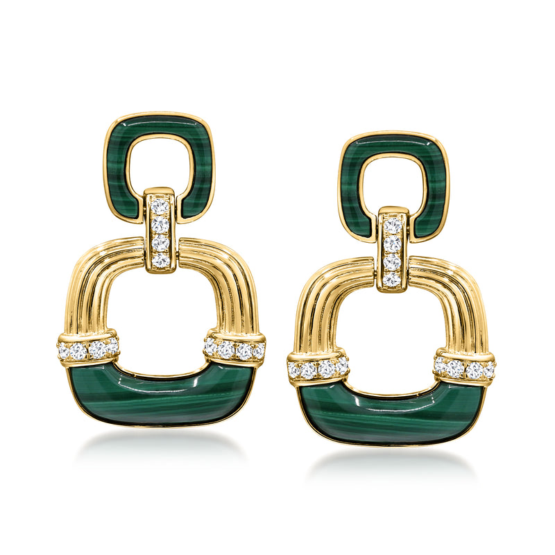 14kt yellow gold square drop earrings with green malachite and diamond accents