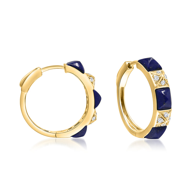 14kt yellow gold hoop earrings with blue lapis pyramid insets and diamond accents