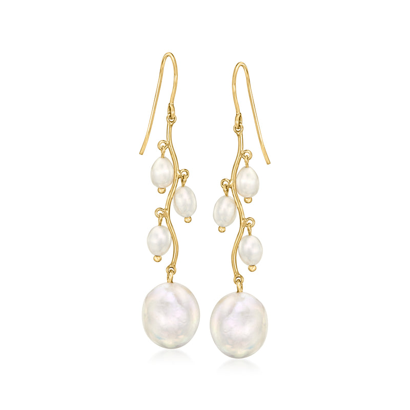 14kt yellow gold pearl drop earrings with multiple white oval baroque pearls