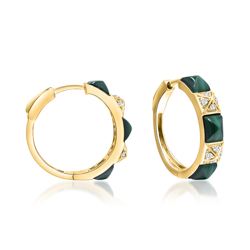 Yellow gold hoop earrings with dark green pyramid inlays and diamond accents