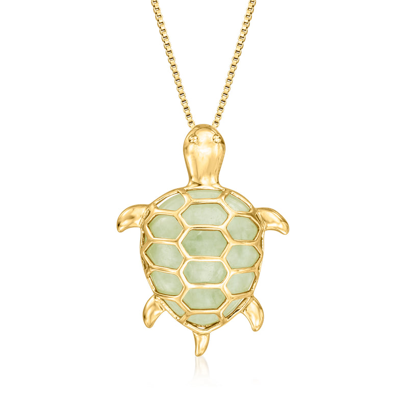 Gold turtle pendant necklace with mint green jade inlaid shell