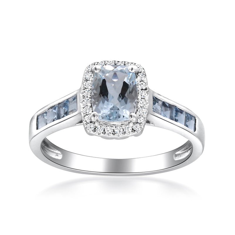 14kt white gold ring with cushion aquamarine center and diamond halo, with side blue stones