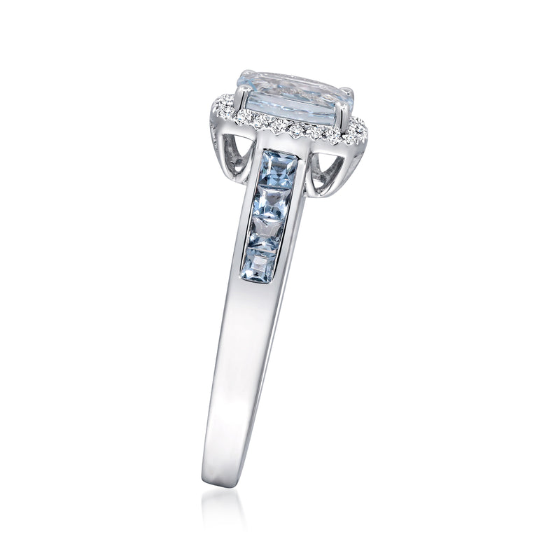 14kt white gold aquamarine ring with rectangular center stone and diamond accent shoulders