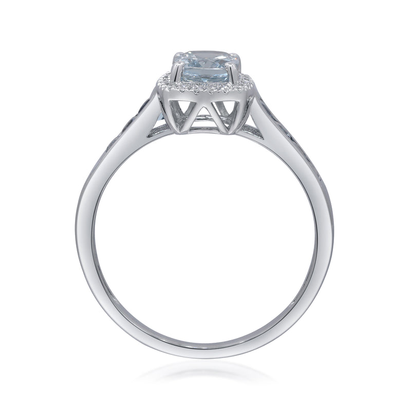 14kt white gold aquamarine ring with open V-shaped diamond detailing and raised center bezel